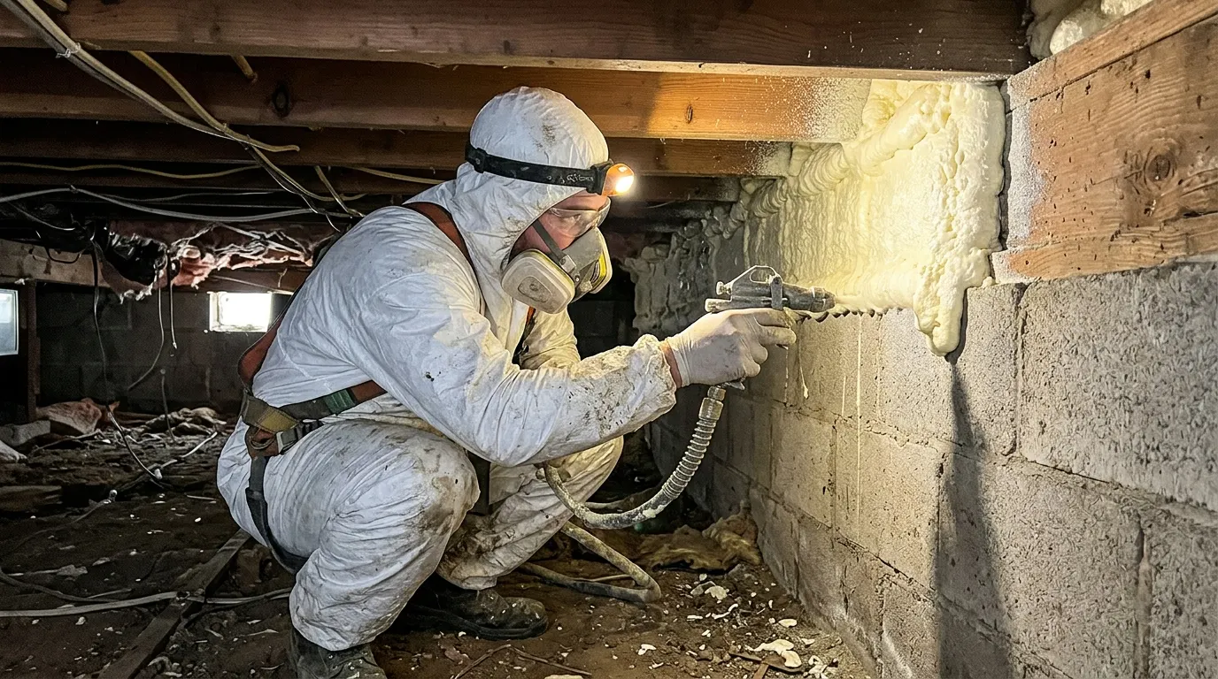 Sealing the rim joist with closed-cell foam in a crawl space